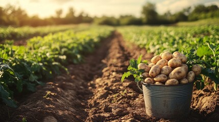 Fototapeta premium Potato Field and Fresh Ripe Potatoes in Metal Bucket