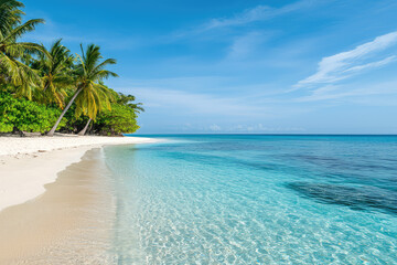 A pristine tropical beach with turquoise waters gently kissing the white sand, surrounded by lush green palm trees under a vivid blue sky.