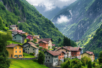 A picturesque mountain village rests peacefully in a verdant valley, enveloped by lush greenery and majestic, towering hills that touch the clouds.