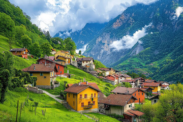 Obraz premium A serene mountain village nestled in a lush, green valley, showcasing colorful houses against a breathtaking backdrop of towering peaks and clouds.