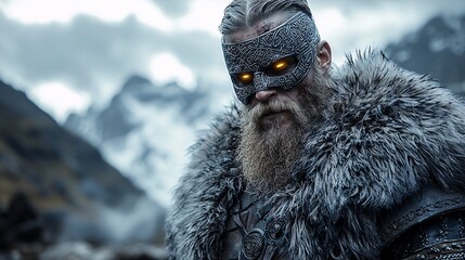 Viking warrior with glowing runes and advanced cybernetic armor
