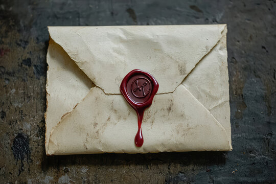Ancient mysteries unfold: a vintage envelope sealed with wax, dripping elegantly, holding untold stories from a bygone era, captivating our imagination.