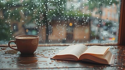 A detailed shot of a vintage coffee cup and an open book on a table, raindrops trickling down the window view in the background, capturing a serene and nostalgic ambiance, soft focus,