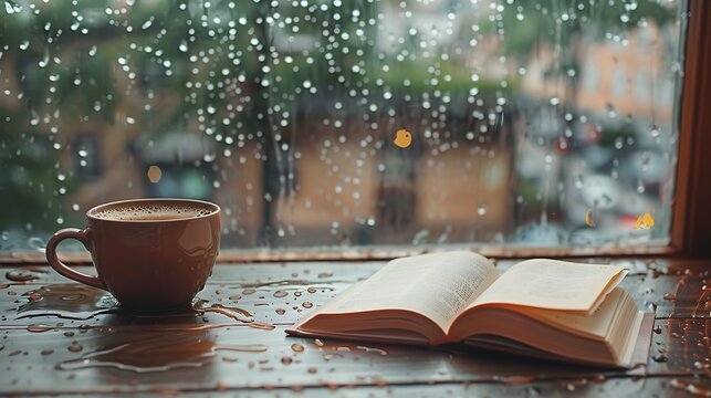 A detailed shot of a vintage coffee cup and an open book on a table, raindrops trickling down the window view in the background, capturing a serene and nostalgic ambiance, soft focus,