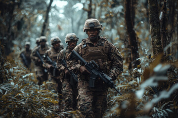 A squad of diverse soldiers cautiously navigates a dense, misty jungle, their concentration and alertness visible as they hold their weapons ready.