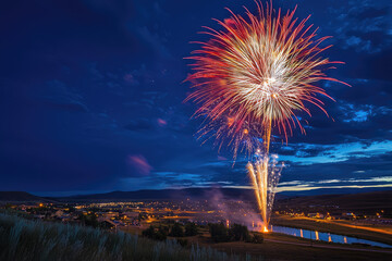 Naklejka premium A breathtaking fireworks display illuminates the serene night sky, painting vibrant streaks over a peaceful town with twinkling lights.
