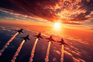 A squadron of fighter jets slices through a dramatic sunset sky, leaving vibrant trails as they ascend, evoking a powerful and awe-inspiring moment.