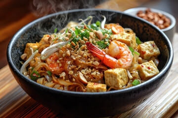 A steaming bowl of Pad Thai with vibrant noodles, shrimp, tofu, peanuts, bean sprouts, cilantro, and more in a cozy wooden setting captures delicious moments.