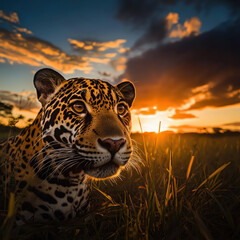 Jaguar Silhouette in Sunset Field with Dramatic Sky
