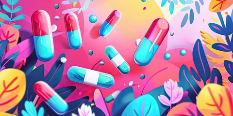 Colorful pills scattered in a vibrant floral design.