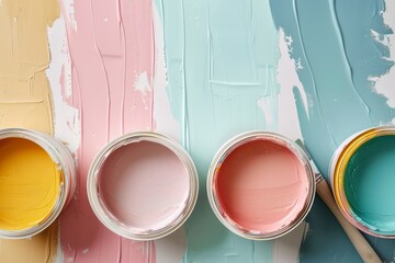 A collection of open paint cans in a variety of pastel colors with brushes, set for any creative painting project or home renovation..