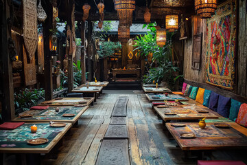 Fototapeta premium Immerse yourself in the rich ambiance of a traditional Thai restaurant, adorned with intricate decor, vibrant textiles, and inviting wooden tables.