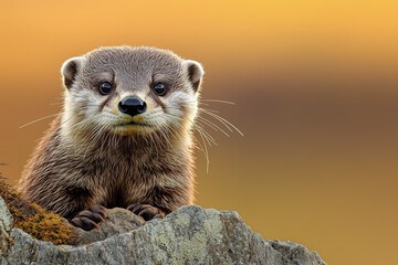 Cute Otter Peeking Over Rock Against Blurred Background