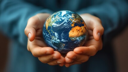 Conceptual image of workers' hands holding a small planet, symbolizing the responsibility and care of global labor, [Labor Day workers concept], [care and responsibility].