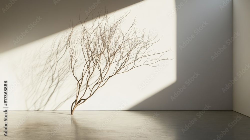 Poster Minimalist Branch Silhouette with Soft Sunlight - A single, delicate branch casts a long shadow against a clean white wall, bathed in soft sunlight. The image evokes concepts of simplicity, serenity, 