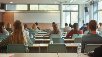 Modern classroom setting at the university with students engaged in learning, featuring space for educational content, university, with copy space