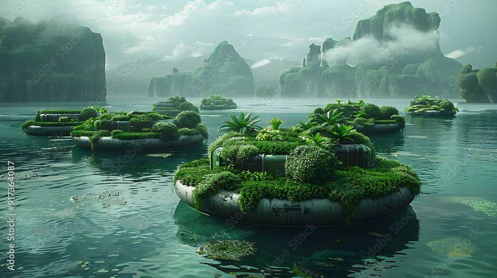 Poster massive floating algae farm drifting across acidic sea of volcanic world where genetically engineere