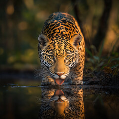 Majestic Jaguar Drinking Water in Natural Habitat