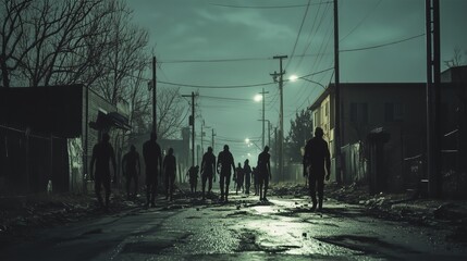 Desolate Nighttime Street with Zombies, Haunting Post-Apocalyptic Scene