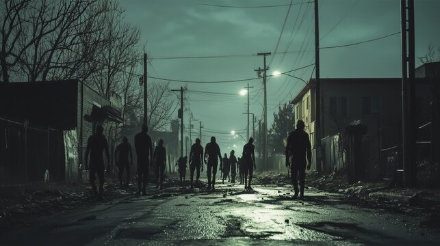 Desolate Nighttime Street with Zombies, Haunting Post-Apocalyptic Scene