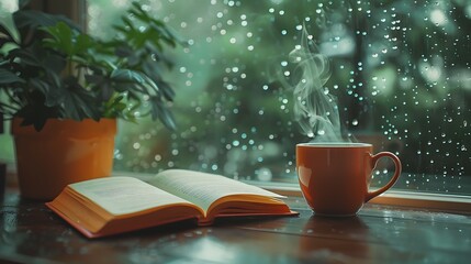 A serene image of a steaming coffee cup and an open book on a table, with rain softly hitting the window, capturing the tranquility of an afternoon retreat, natural light, soft focus.