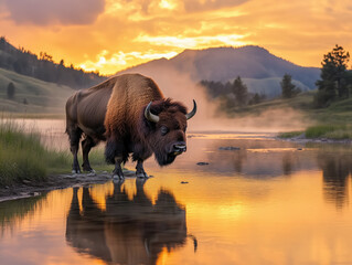 Bison Standing Near a Lake at Sunset in Scenic Landscape