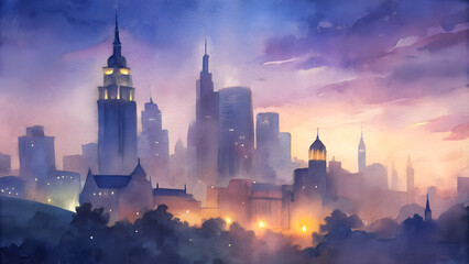 Watercolor cityscape at dusk, purple and orange hues, urban skyline with illuminated windows