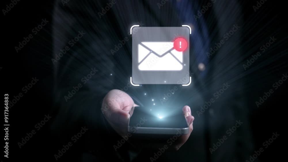 Poster business person checking email inbox, organizing and prioritizing messages for better productivity. 