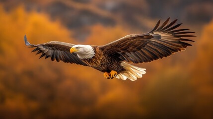 Majestic Bald Eagle Soaring Over Autumn Forest