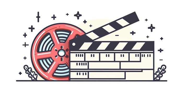 Film reel and clapperboard with leaves.