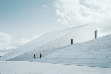Fototapeta premium Marvel at the sleek, angular design of Oslo's Opera House, seamlessly blending into the cloudy sky, embodying both modernity and natural beauty.