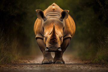 Powerful Rhinoceros Walking on a Dusty Path in Nature