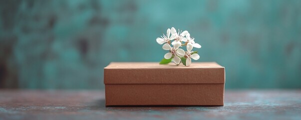 Brown gift box with a white flower on top sitting on a table against a turquoise background