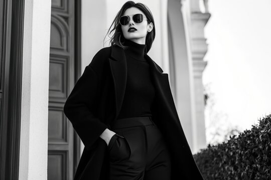 Fototapeta fashion photography in black and white with a girl in black clothes