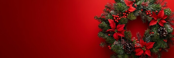 Red Christmas Wreath with Pine Cones and Poinsettia on Red Background - A beautiful Christmas wreath with red poinsettia, pine cones, and berries on a red background.  This wreath symbolizes the joy, 