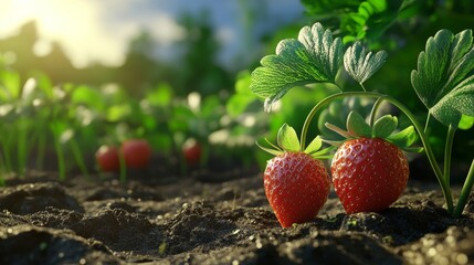 Ripe Strawberries in a Lush Garden at Sunset - Two juicy strawberries nestled in the fertile soil of a thriving garden, bathed in the warm glow of the setting sun, showcasing the bounty of nature.