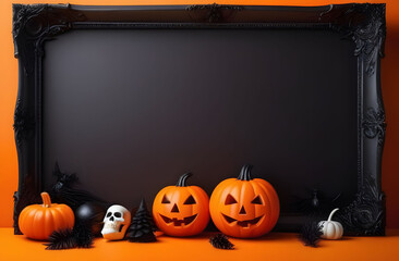 Black frame on orange background with pumpkins and skulls. Composition for the Halloween holiday, a lot of space for placing text or advertising.