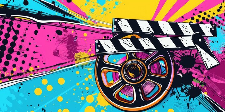Colorful abstract art with movie clapperboard.