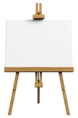 Empty canvas on a wooden easel in a well-lit studio ready for an artistic creation, cut out - stock png.