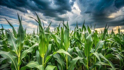 Fototapeta premium Cornfield under dramatic cloudy sky, green leaves, agricultural landscape before storm