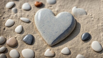 Obraz premium Sea background, heart-shaped pebbles on a sandy beach.