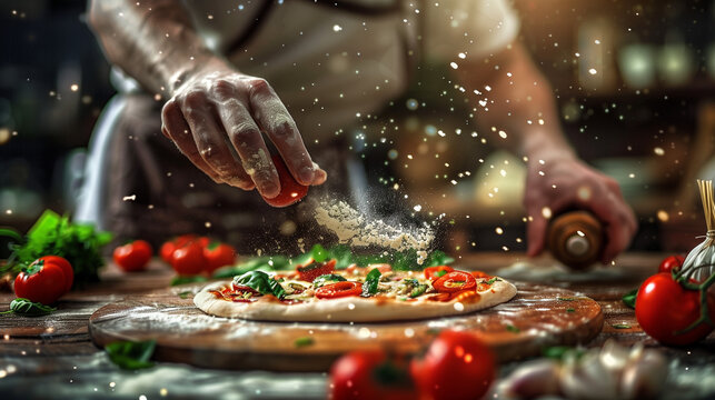 A pizzaiolo is adding fresh ingredients to a pizza, working on a wooden board, with flour flying around, creating a dynamic effect in the kitchen