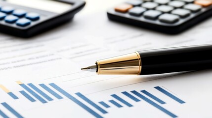 A close-up of a financial report with highlighted sections, a pen, and a calculator on a desk, copy space for text, high-resolution photo, realistic photo
