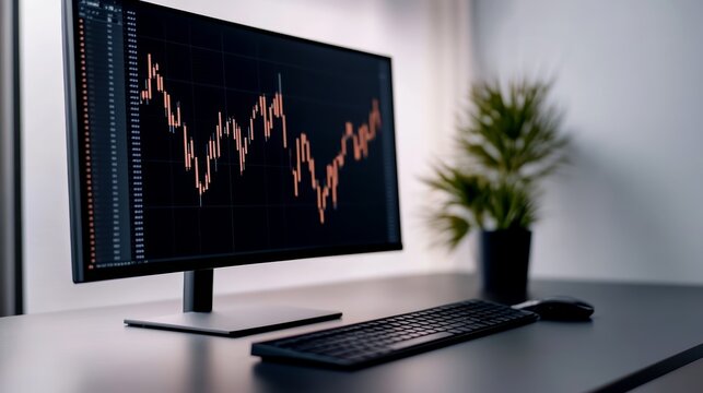 A close-up of a financial analysts desk with dual monitors displaying complex financial models and spreadsheets, copy space for text, high-resolution photo, realistic photo