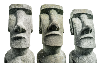 Three ancient stone statues with distinct features, cut out - stock png.
