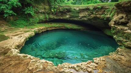 Pristine Blue Hole in Jamaica with Clear Turquoise Water Surrounded by Lush Greenery and Limestone Cliffs