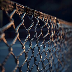 A detailed close-up of a barbed wire fence with a deep blue background, emphasizing texture and tension.