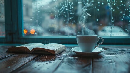 Frame a serene scene with a steaming coffee cup and an open book on a wooden table, rain-streaked window in the background, capturing the essence of tranquility on a rainy day, wide-angle lens,