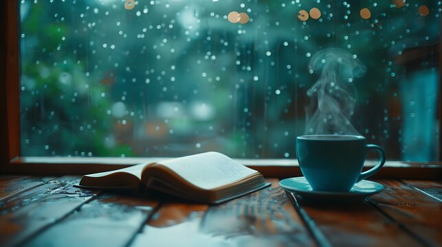 Frame a serene scene with a steaming coffee cup and an open book on a wooden table, rain-streaked window in the background, capturing the essence of tranquility on a rainy day, wide-angle lens,