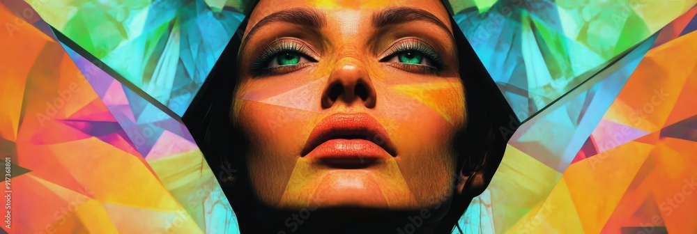 Wall mural woman's face with geometric patterns and vivid colors - a woman's face framed by colorful, geometric